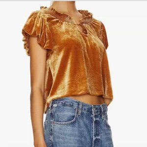 Free People Terese Velvet Top Pumpkin Pie Short Puff Sleeve Tasseled Tie Neck Ke